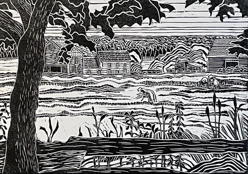"Harvest Time" 2/10 Linocut on 100% Cotton Magnani Pescia Paper Matted (Not Framed) 11.75x8.25"