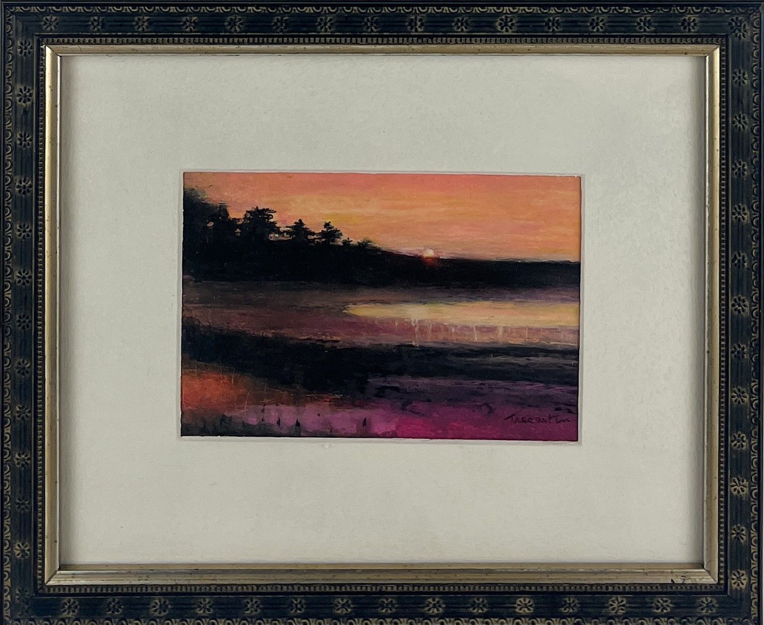 "Marshland & Sunset" Oil Pastel 4x5" Framed 9.75x11.75"