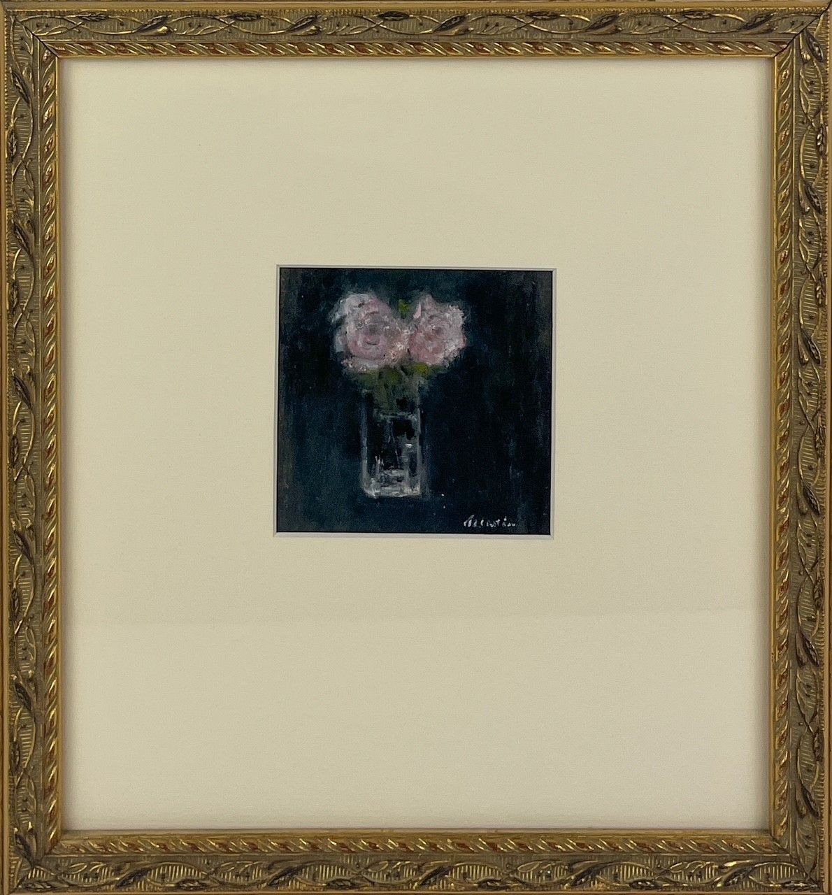 "Roses in Glass Vase" 3.25x3.25" Framed 10x10.75"