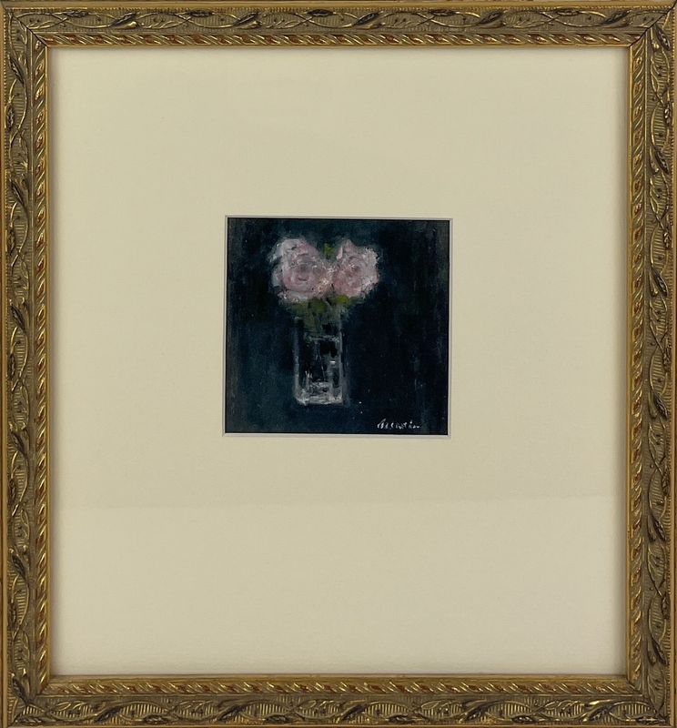 "Roses in Glass Vase" 3.25x3.25" Framed 10x10.75"
