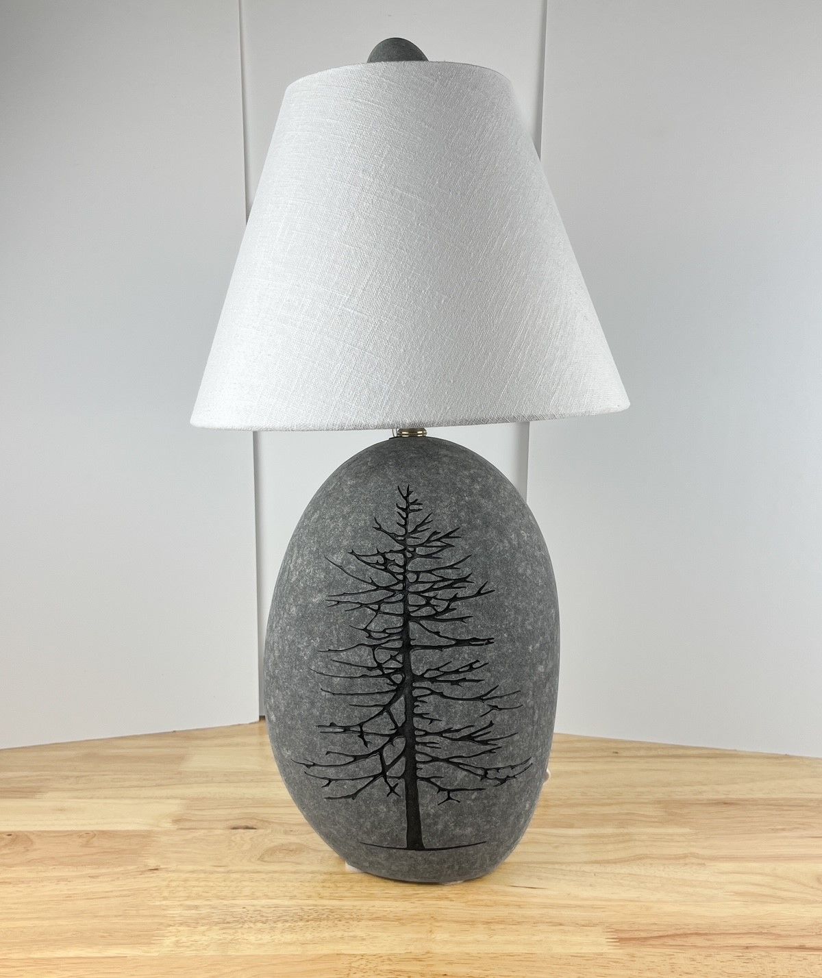 Etched Tree Rock Lamp with Handmade Linen Lamp Shade