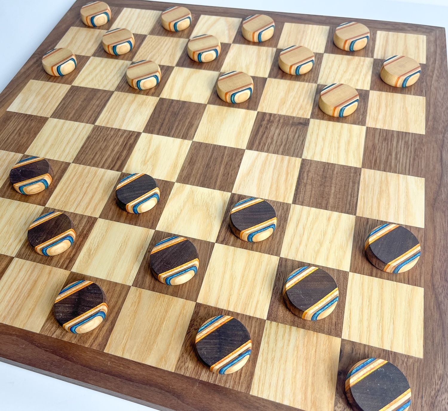Checker Board with Walnut, Ash, and Repurposed Skateboard 15x15"