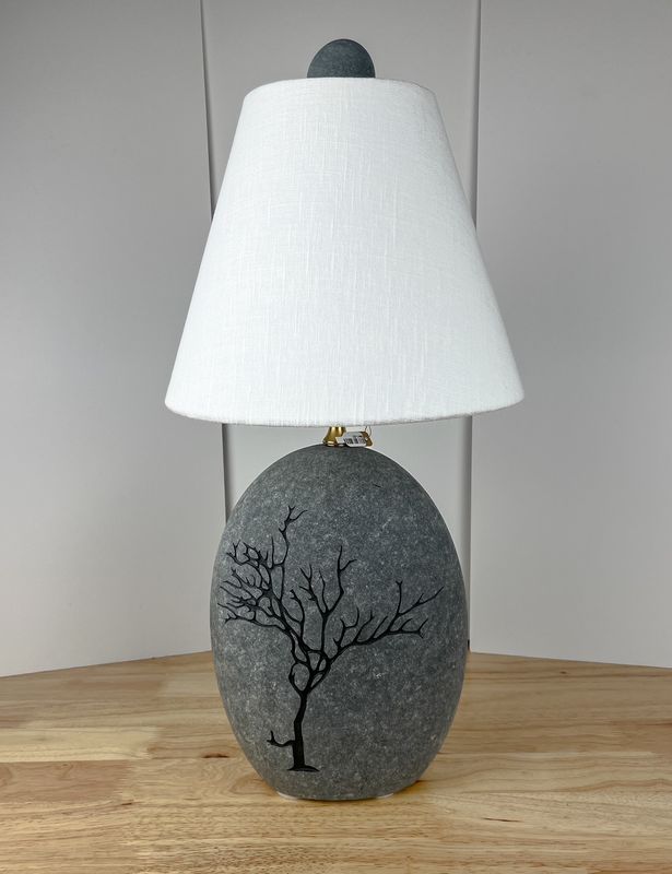 Etched Tree Rock Lamp with Handmade Linen Lamp Shade