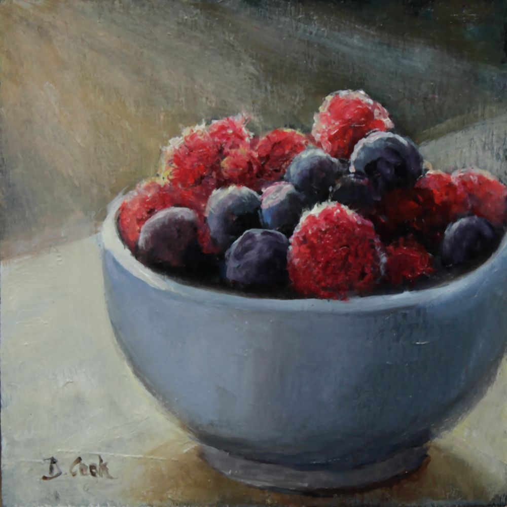 "Raspberries and Blueberries" 6x6" Oil on Canvas Framed 7x7"