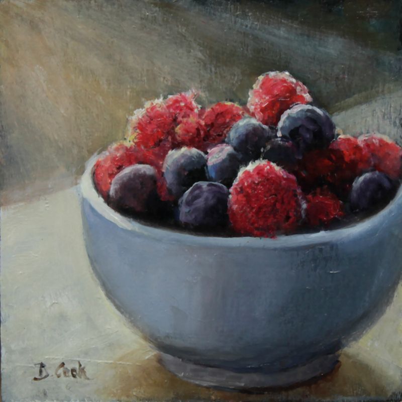 "Raspberries and Blueberries" 6x6" Oil on Canvas Framed 7x7"