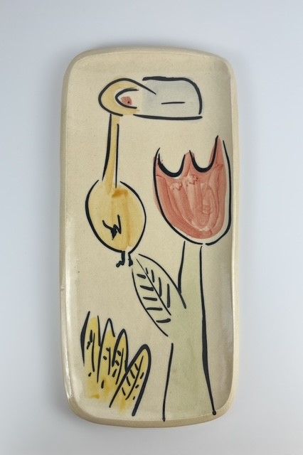Whimsical Bird Pottery Elongated Platter 15x7"