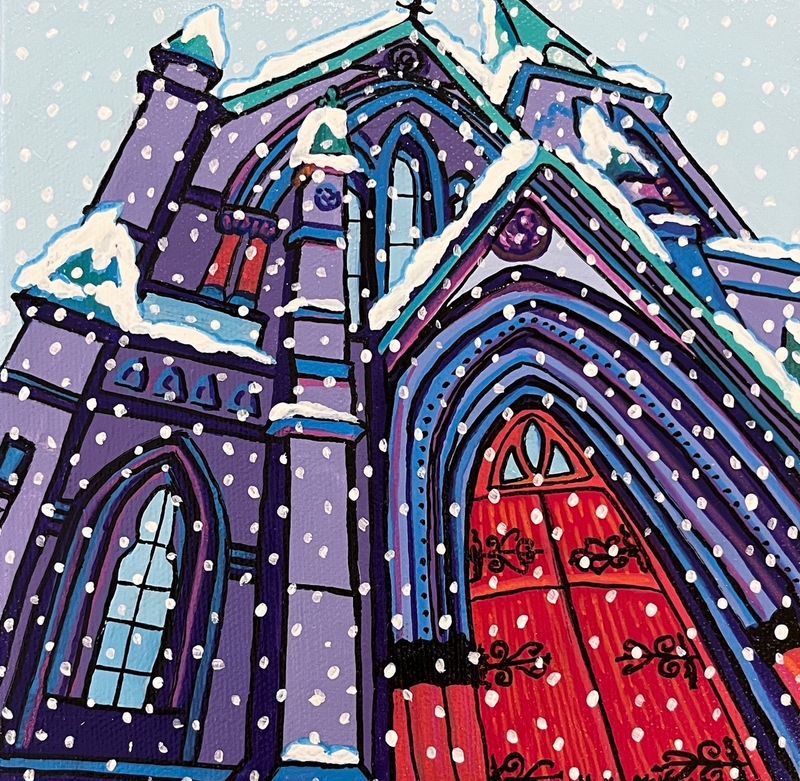 "Trinity Church in Winter Snow" 6x6" Acrylic on Canvas