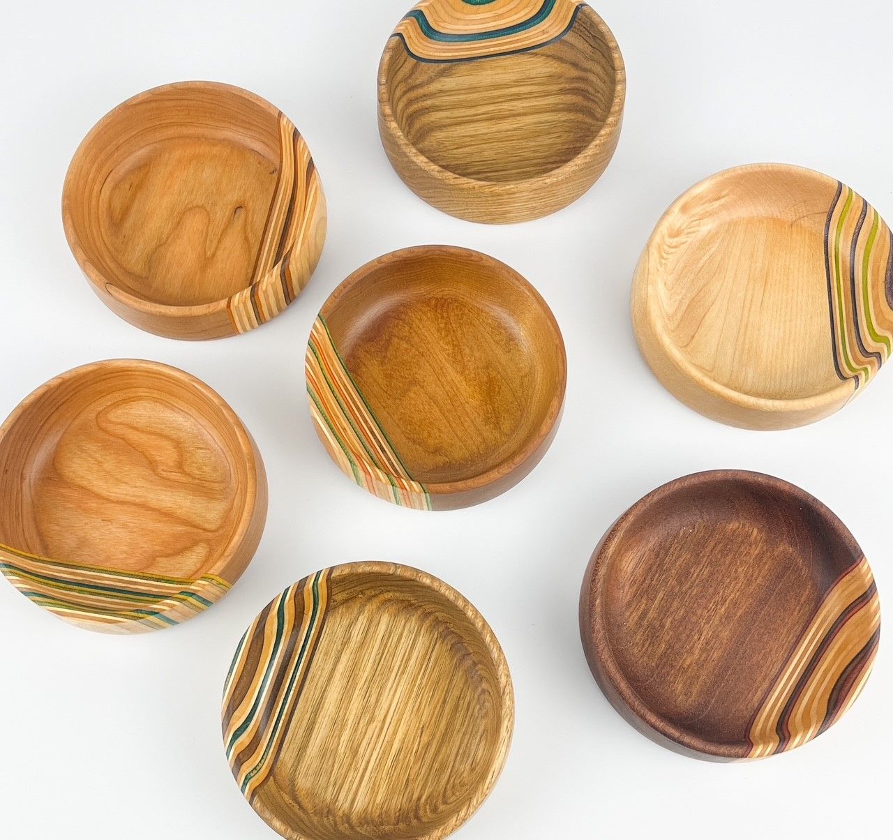 Small Wooden Dishes 4.5": Various Woods with Repurposed Skateboard pieces
