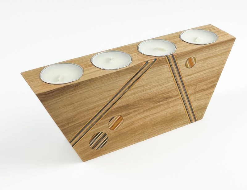 Tealight Holder: Various Woods with Repurposed Skateboard pieces Tealight Holder: Various Woods with Repurposed Skateboard pieces