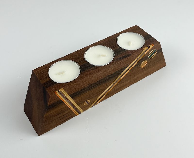 Tealight Holder: Various Woods with Repurposed Skateboard pieces Tealight Holder: Various Woods with Repurposed Skateboard pieces