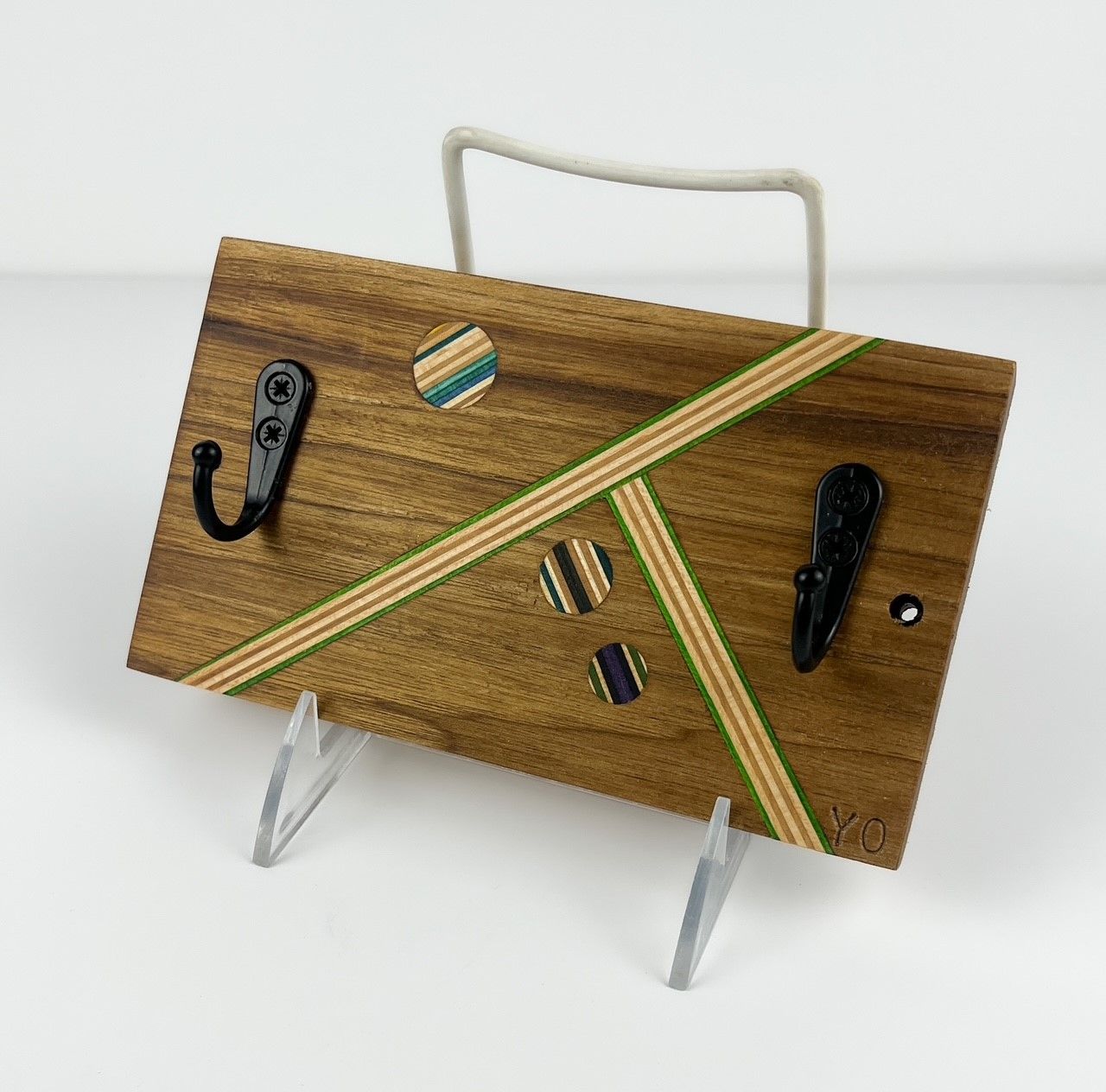 Wall Hook made with Various woods & Repurposed Skateboard