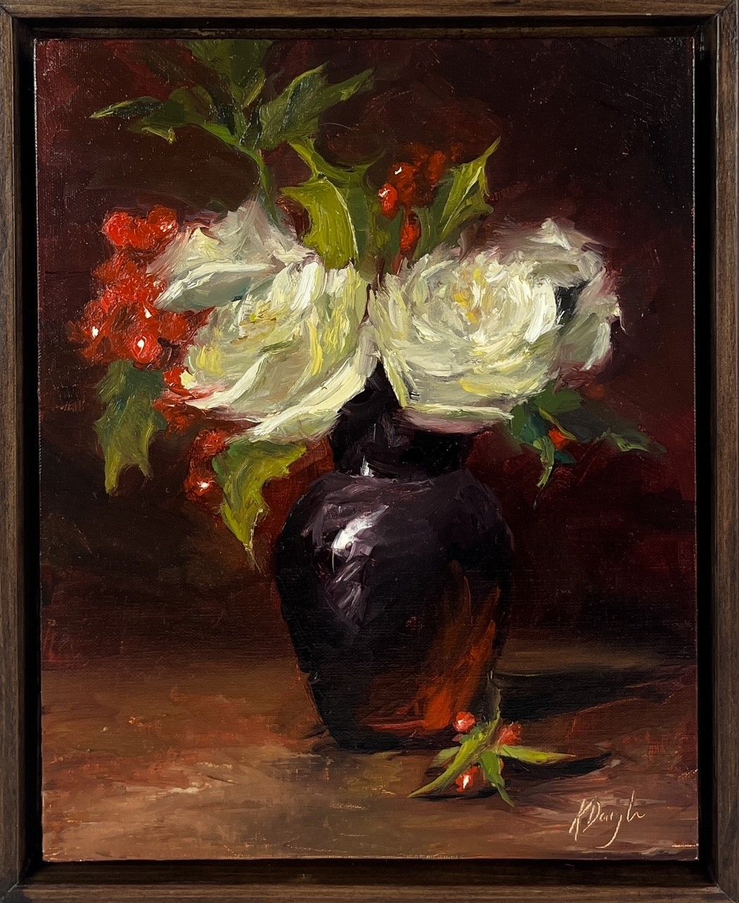 "Christmas Roses with Berries" 8x10" Plus Frame - Oil Painting