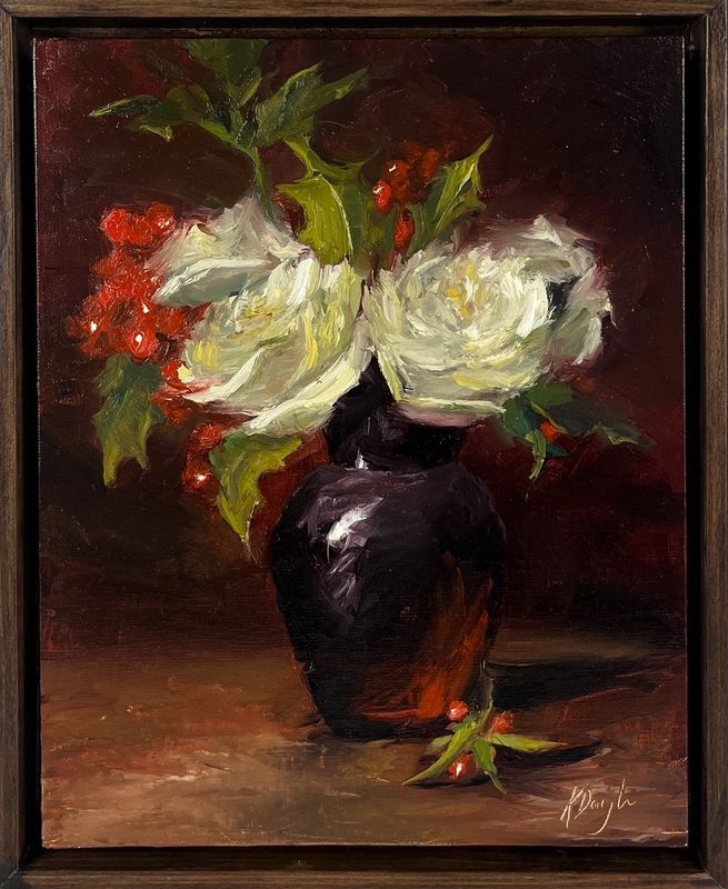 "Christmas Roses with Berries" 8x10" Plus Frame - Oil Painting