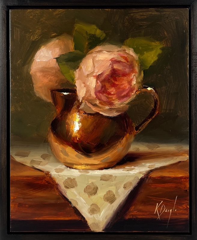 "David Austin Roses in Copper Creamer" 8x10" Plus Frame - Oil Painting