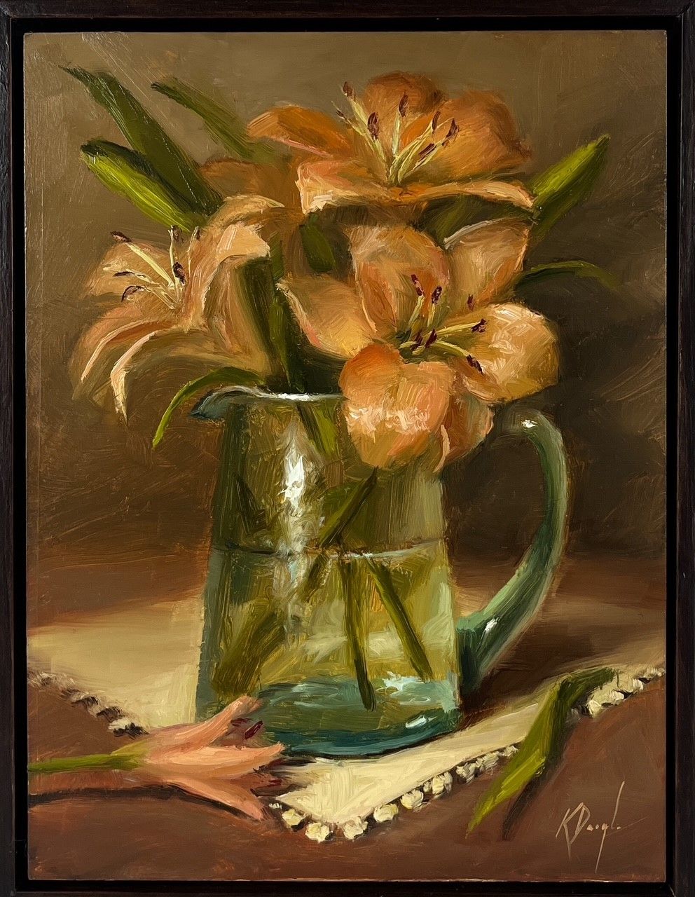 "Lilies in Green Pitcher" 9x12" Plus Frame - Oil Painting