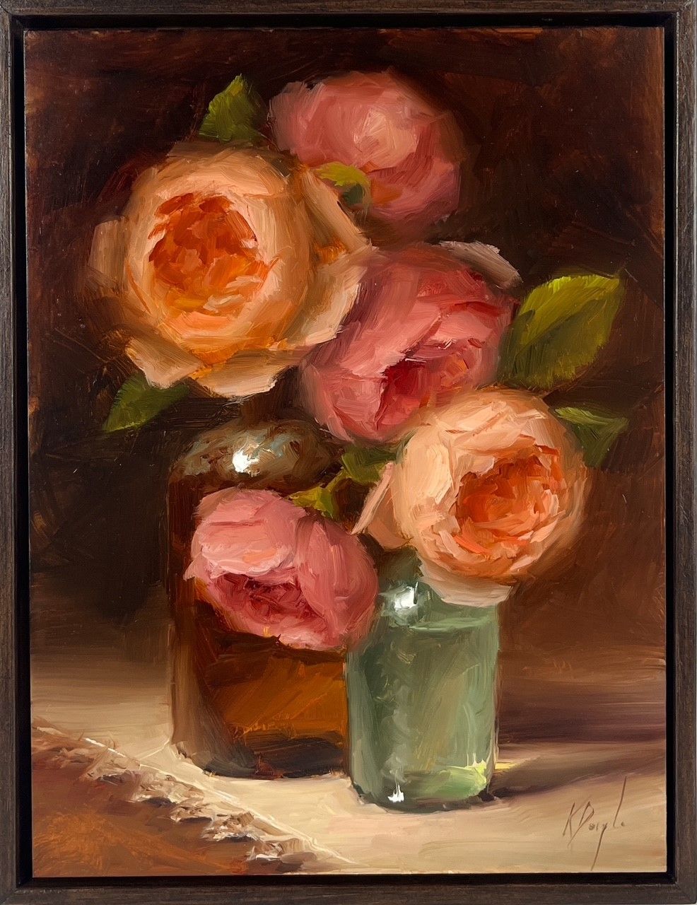 "David Austin Roses in Glass" 9x12" Plus Frame - Oil Painting