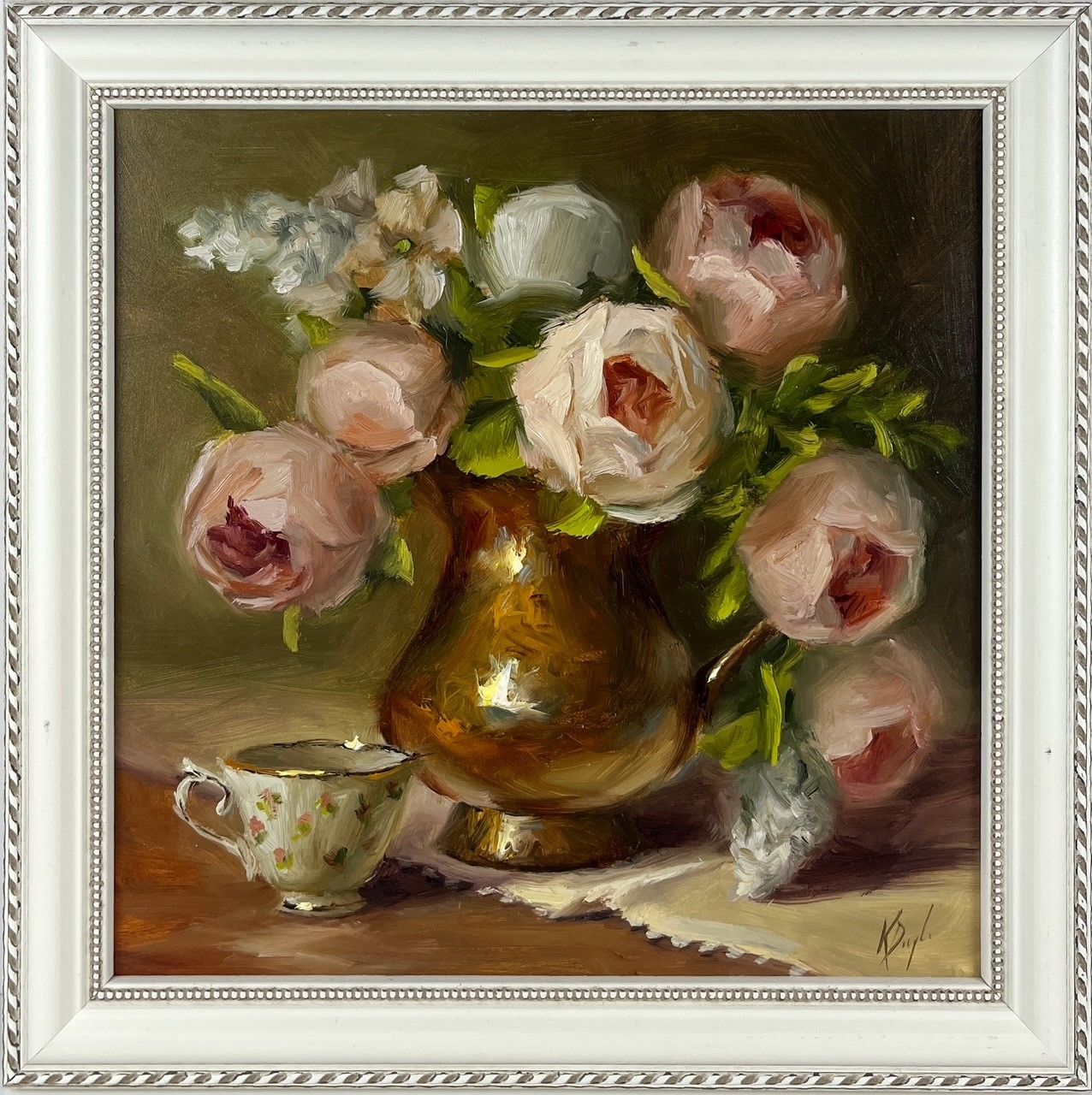 "Peonies in Brass with Tea" 12x12" Plus Frame - Oil Painting