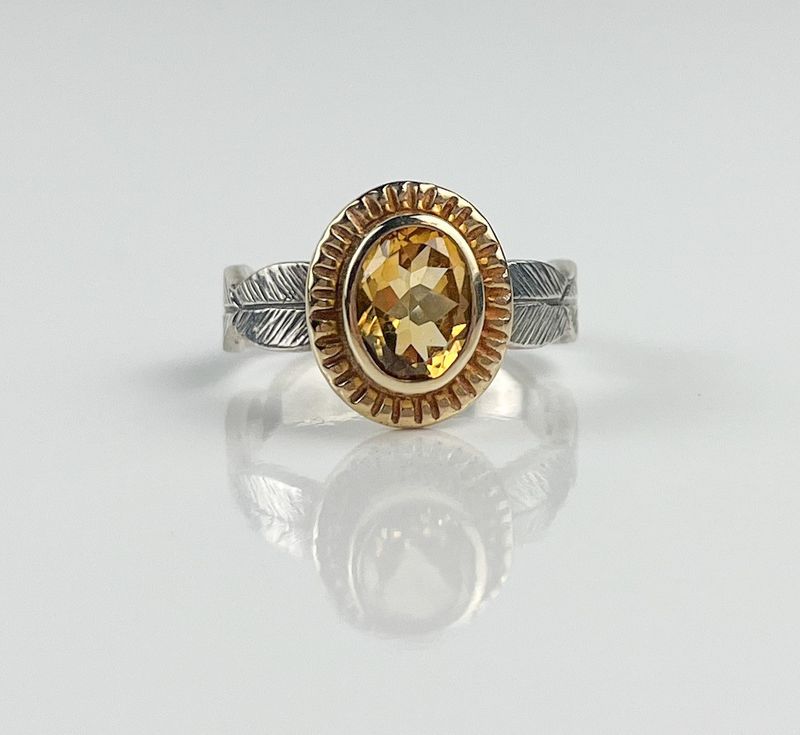 Citrine Ring in 14K Gold Setting, Sterling Silver Petal Band Size 9