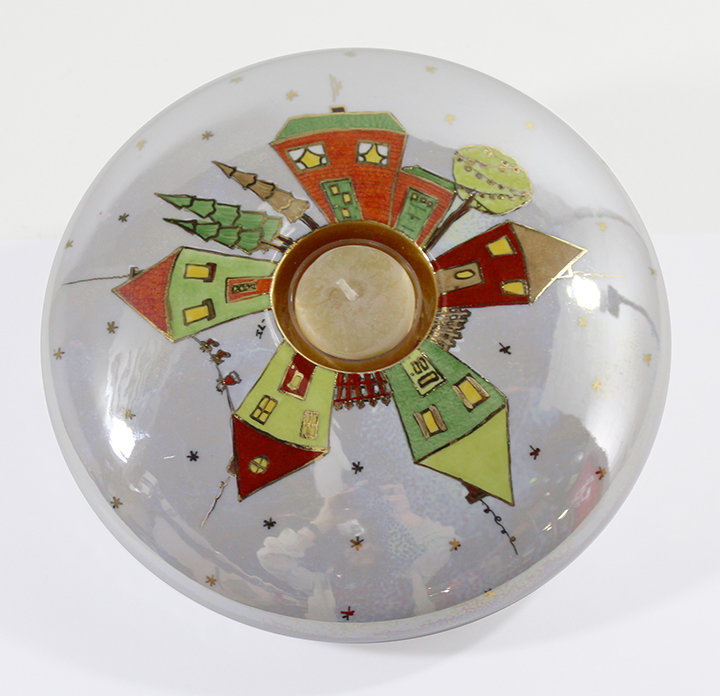 Candle Holder with Christmas Houses Red & Green, Porcelain