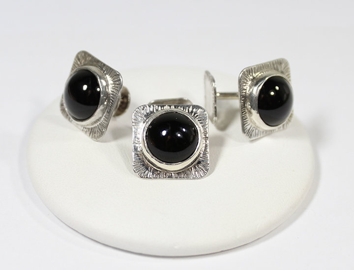 Square Cuff-links and lapel pin,  Silver and Onyx