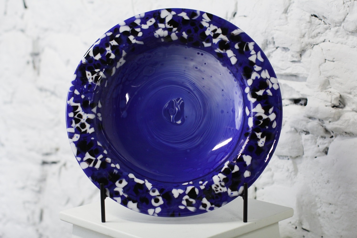 Large blue, white and black dish, 17.25