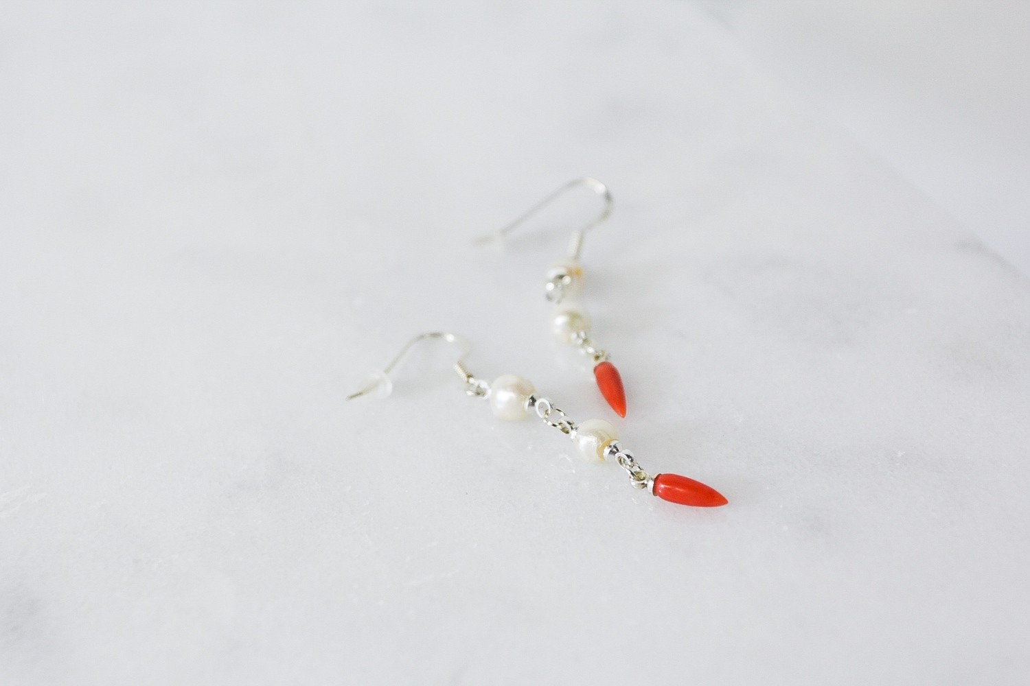 Cultured pearl & genuine red coral ss earrings