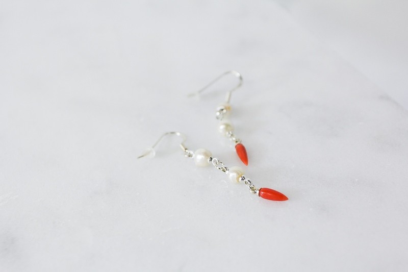 Cultured pearl & genuine red coral ss earrings
