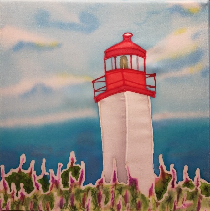 Elena Zamyatina Artist Painter Handworks Gallery Saint John New Brunswick Silk Painting Lighthouse Lupines Flowers Seascape