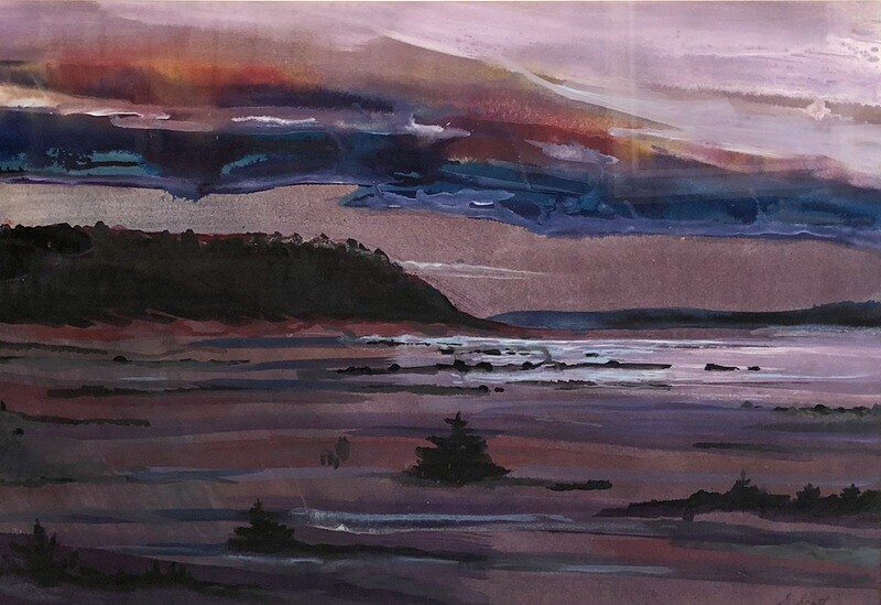 Sunset on River, Watercolour 29.25 x 21.75, framed 40 x 30 Shirley Ann Scott Artist Painter Handworks Gallery Saint John New Brunswick NB Watercolor Painting Sunset River