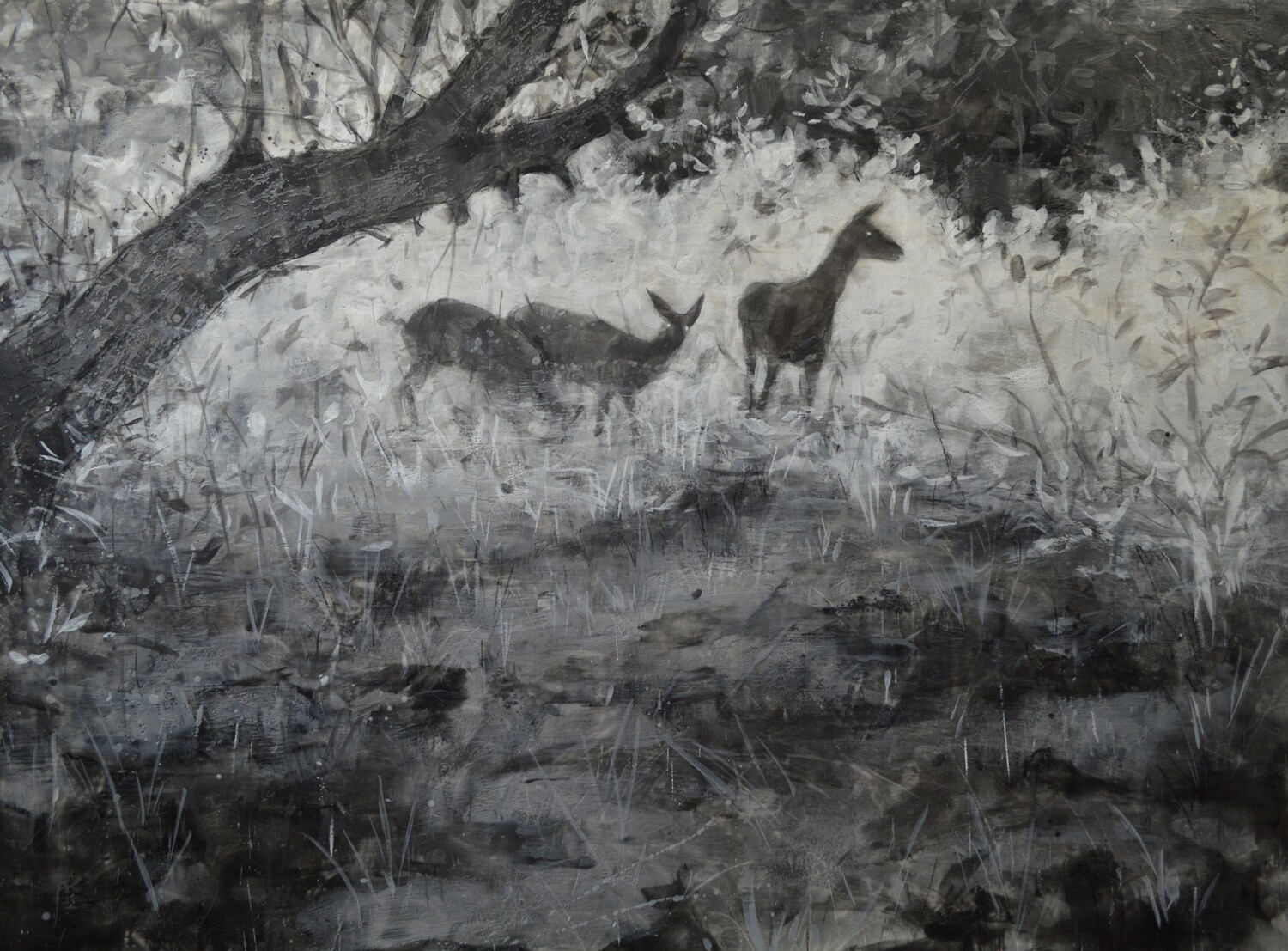 Theresa MacKnight Saint John New Brunswick Canada Handworks Canadian Painting, Encaustic on wood, "Night Orchard" Deer