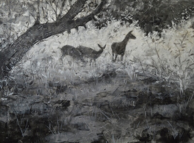 Theresa MacKnight Saint John New Brunswick Canada Handworks Canadian Painting, Encaustic on wood, "Night Orchard" Deer