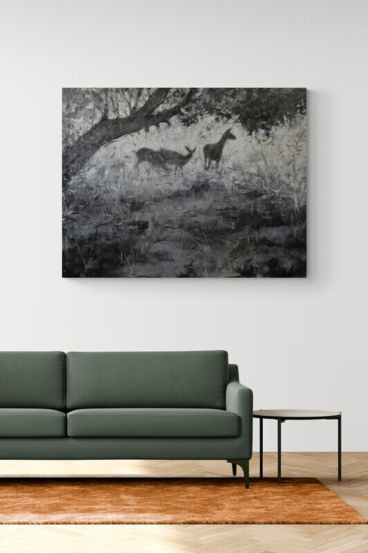 Theresa MacKnight Saint John New Brunswick Canada Handworks Canadian Painting, Encaustic on wood, "Night Orchard" Deer
