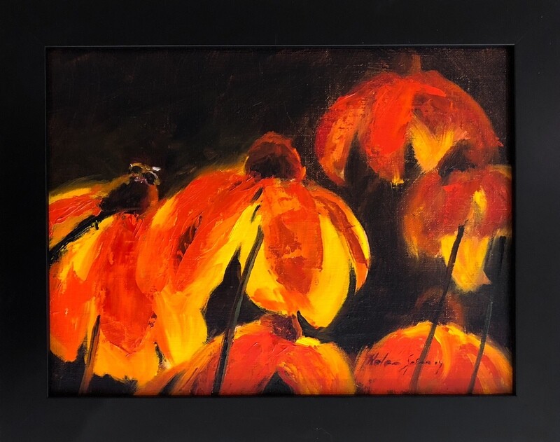 Light Beneath Darkness, Oil 9x12 Helen Spinney Artist Painter Handworks Gallery Saint John New Brunswick Oil Painting Orange Rudbeckia Coneflower Flower