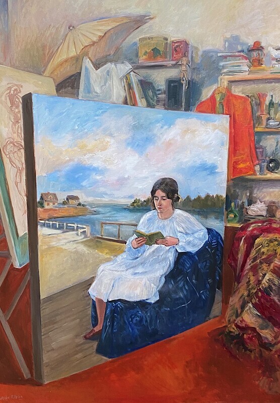 Octavio Ribeiro Artist Painter Handworks Gallery Saint John New Brunswick NB Framed Oil Painting Reading Girl Chair Studio