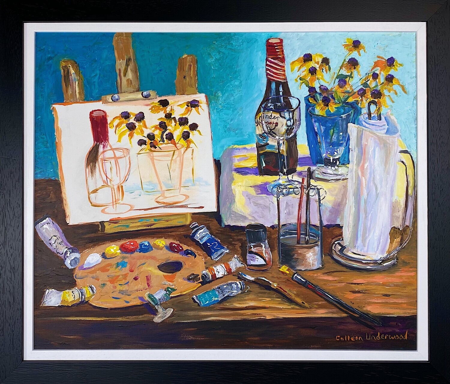 Colleen Underwood Artist Painter Handworks Gallery Saint John NB Acrylic Painting Still Life Easel Pitcher Flower Bottle 