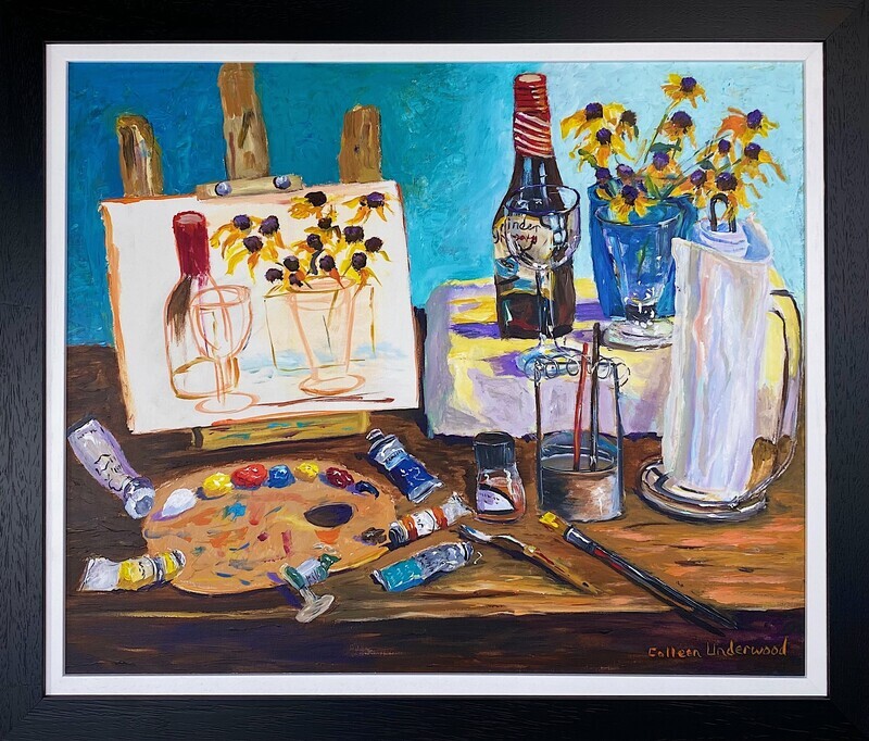 Colleen Underwood Artist Painter Handworks Gallery Saint John NB Acrylic Painting Still Life Easel Pitcher Flower Bottle 