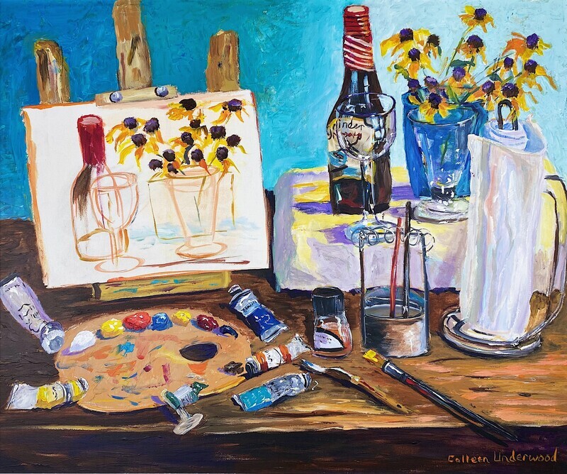 Colleen Underwood Artist Painter Handworks Gallery Saint John NB Acrylic Painting Still Life Easel Pitcher Flower Bottle 