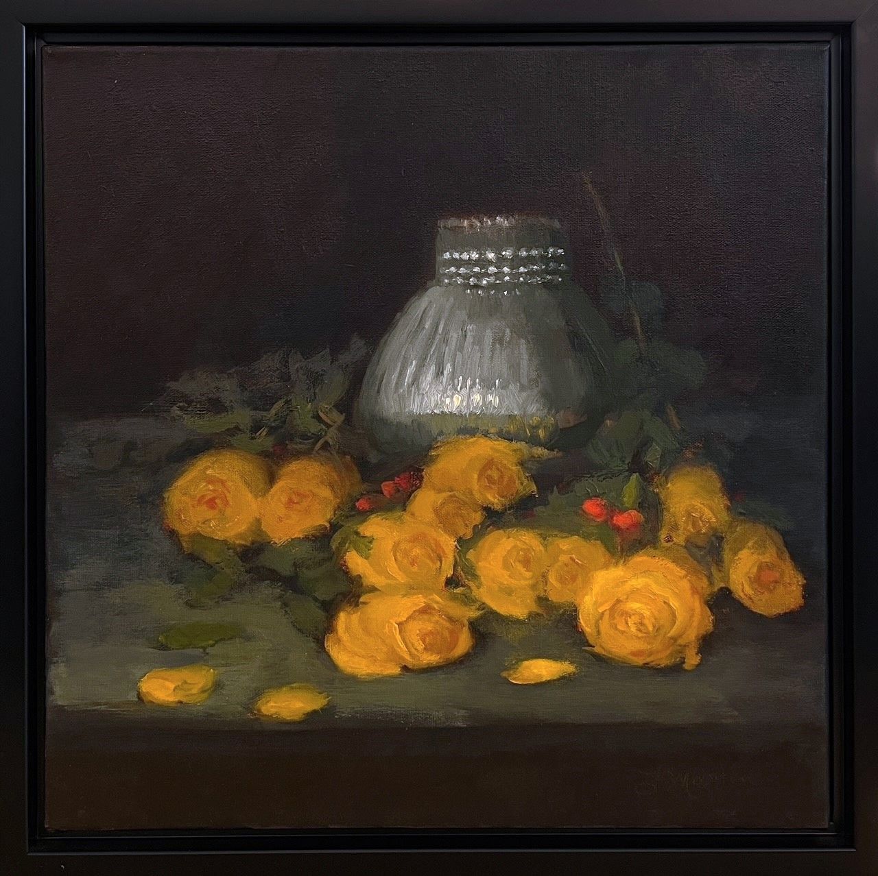 "Roses Jaunes" Oil, 16x16" Framed 18x18"