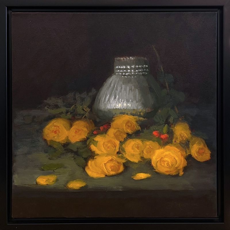 "Roses Jaunes" Oil, 16x16" Framed 18x18"