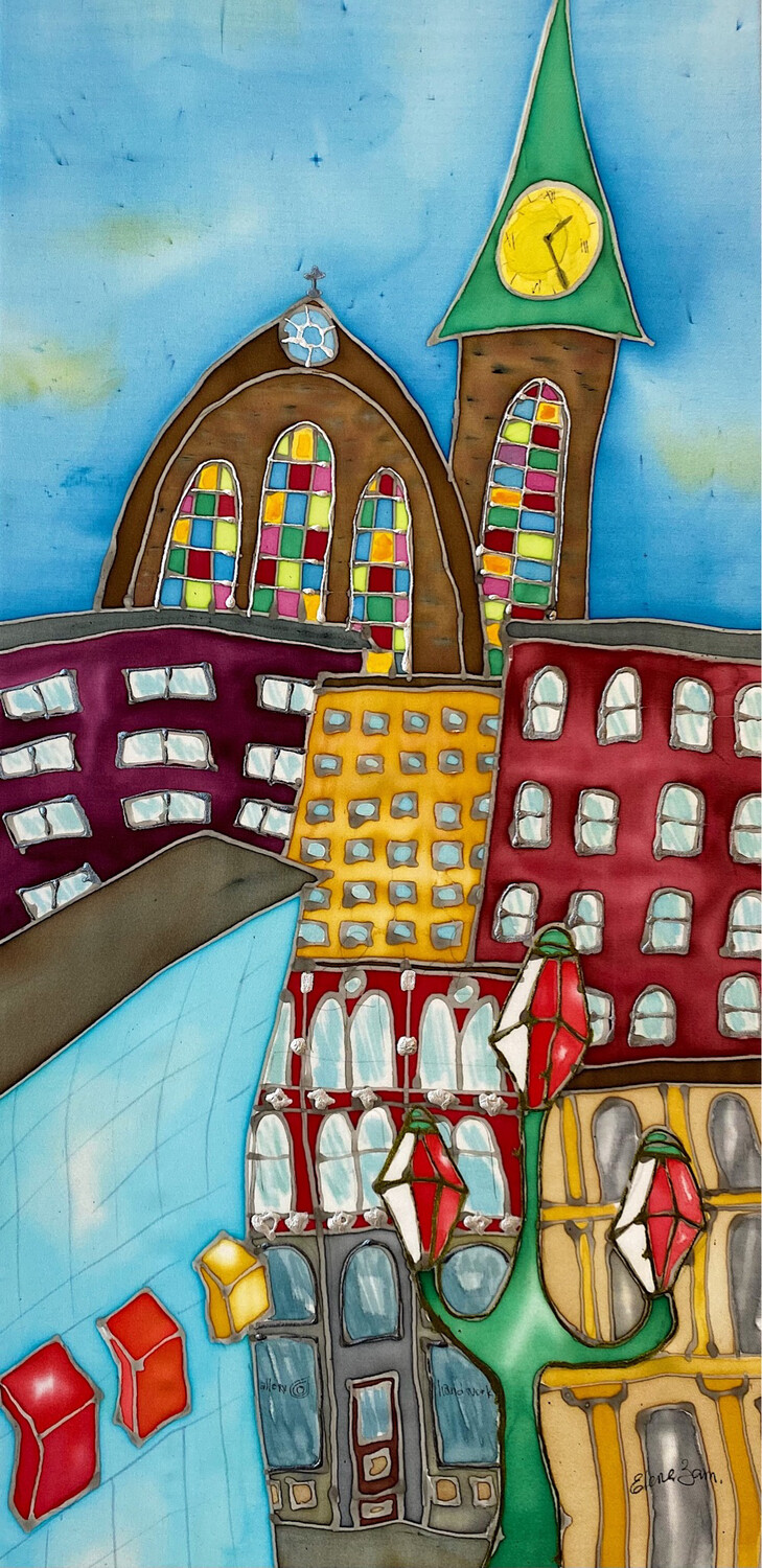 Elena Zamyatina Artist Painter Handworks Gallery Saint John New Brunswick NB Silk Painting Cityscape Urban Church Buildings
