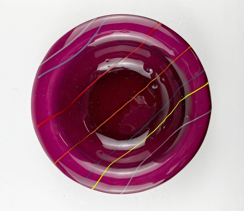Red Glass Bowl with Colorful Stripes 6"