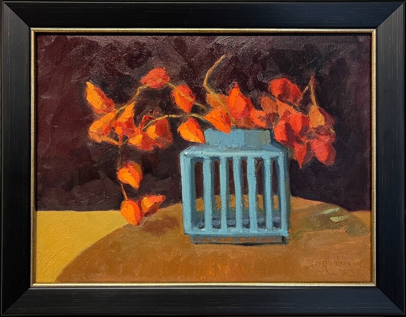 Orange Dried Chinese Lantern Floral in Turquoise Vase Still Life by Francine Martin