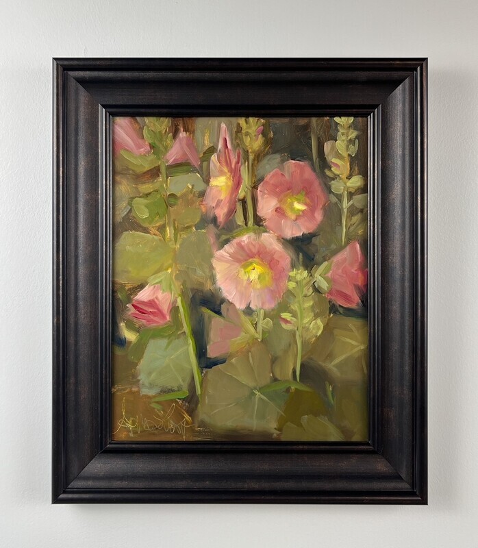 Sophie Levesque Artist Painter Handworks Gallery Saint John New Brunswick Oil Painting Flowers Floral Garden Pink Hollyhocks