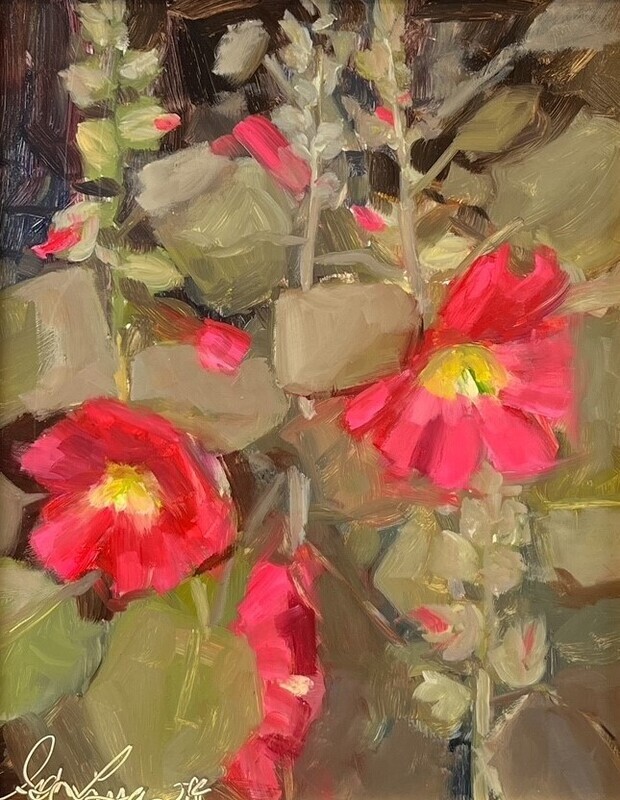 Sophie Levesque Artist Painter Handworks Gallery Saint John New Brunswick Oil Painting Flowers Floral Garden Pink Hollyhocks