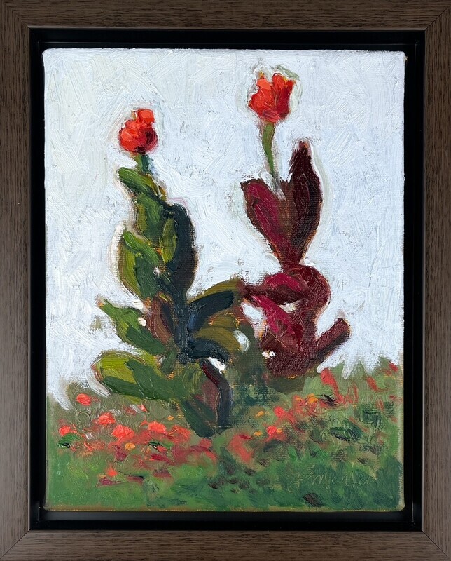 Small Red Flowers in a field with blue skies, Landscape by Francine Martin