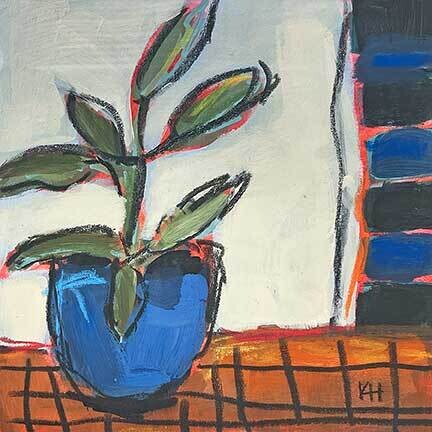 Krista Hasson Artist Painter Handworks Gallery Saint John NB Mixed Media Painting Still Life Houseplant Plant in Blue Pot