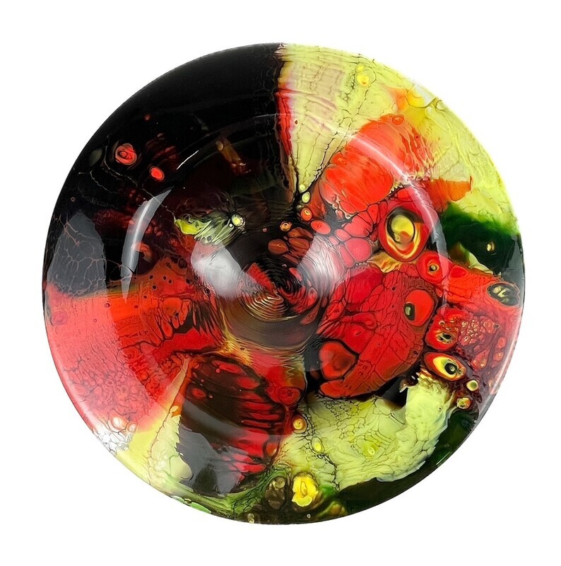 9 1/4" Red/Yellow Round Bottom Glass Dish with Stand