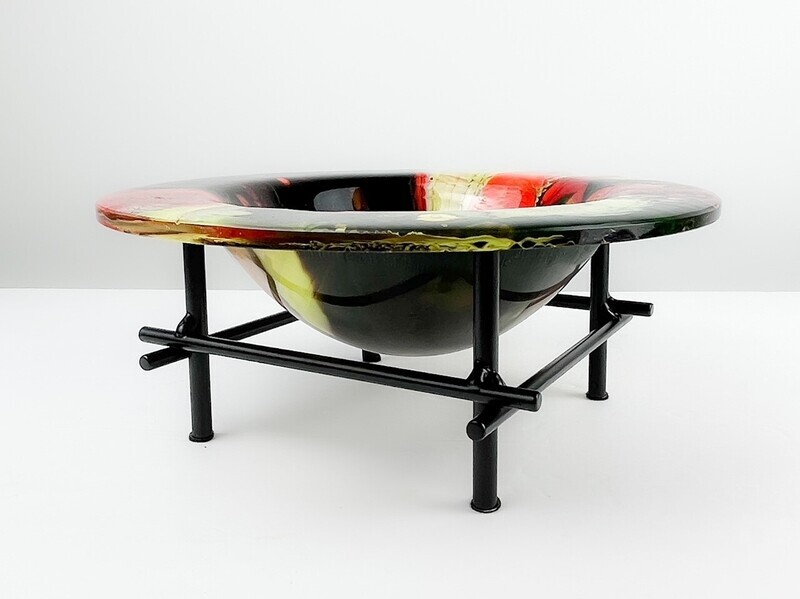 9 1/4" Red/Yellow Round Bottom Glass Dish with Stand