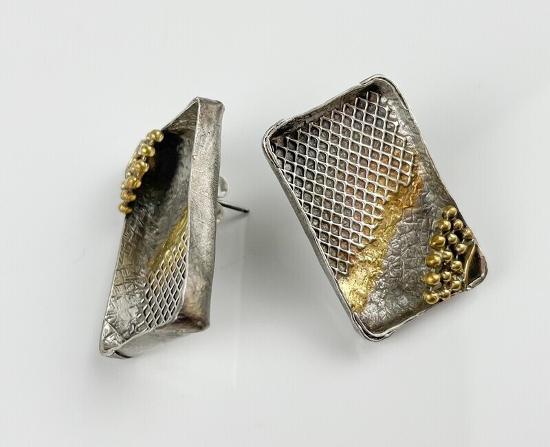 Tray Post Earrings SS, Yellow Brass, Enamel &amp; 24K Keum Boo