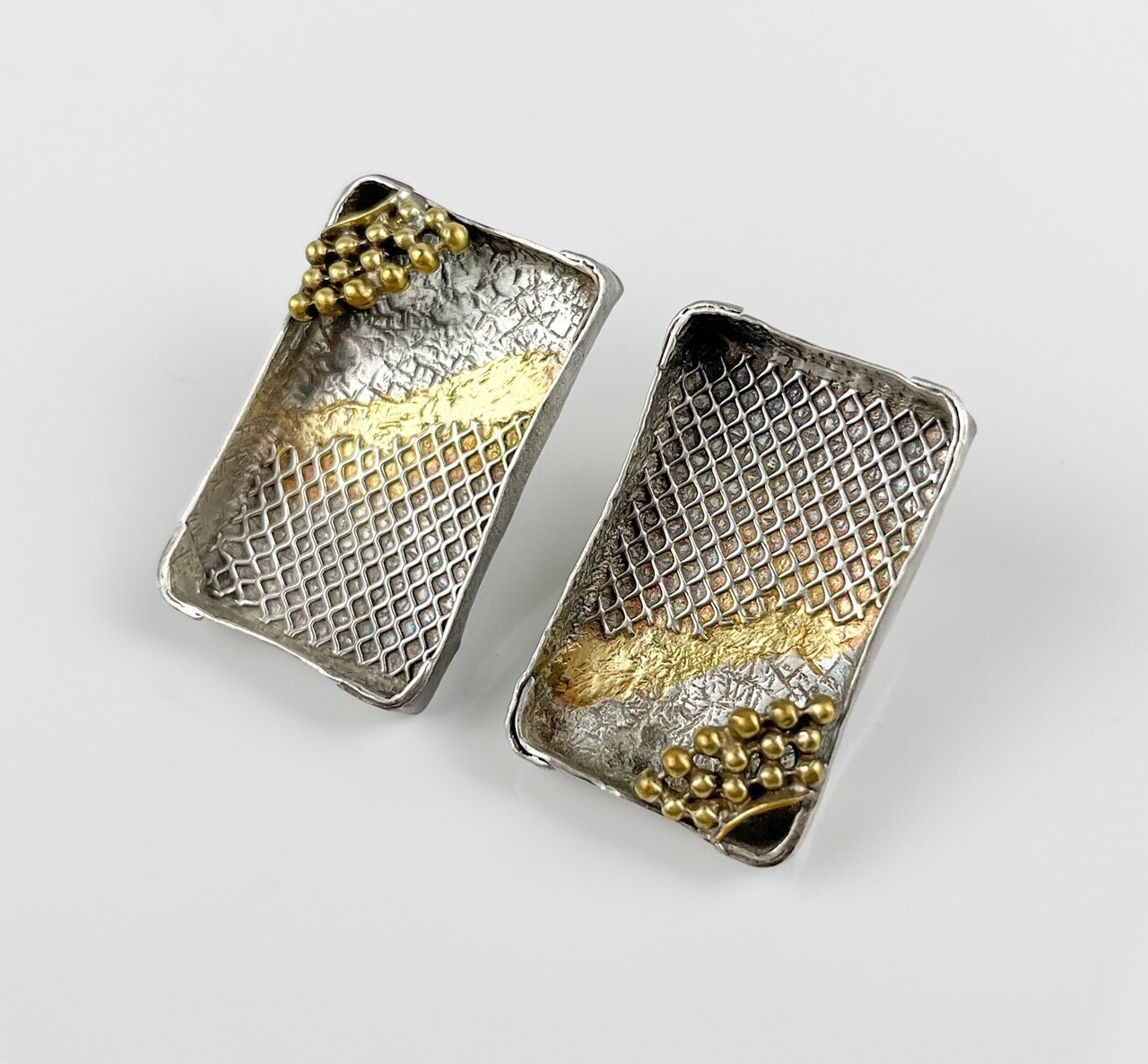 Tray Post Earrings SS, Yellow Brass, Enamel &amp; 24K Keum Boo